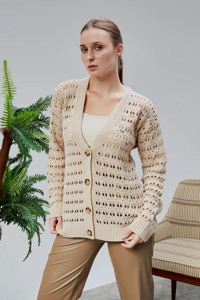 Lugmo Kadın Triko Hırka Çiçek Nakışlı Delikli Standart Beden Ten Rengi - Resim 8