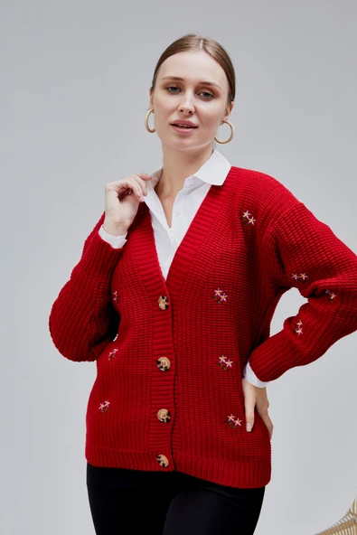 Lugmo Kadın Triko Hırka Çiçek Nakışlı Standart Beden Kırmızı - Resim 4