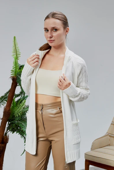 Lugmo Kadın Triko Hırka Fermuarlı Cepli Standart Beden Ekru - Resim 11