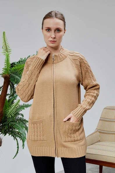 Lugmo Kadın Triko Hırka Fermuarlı Cepli Standart Beden Vizon - Resim 2