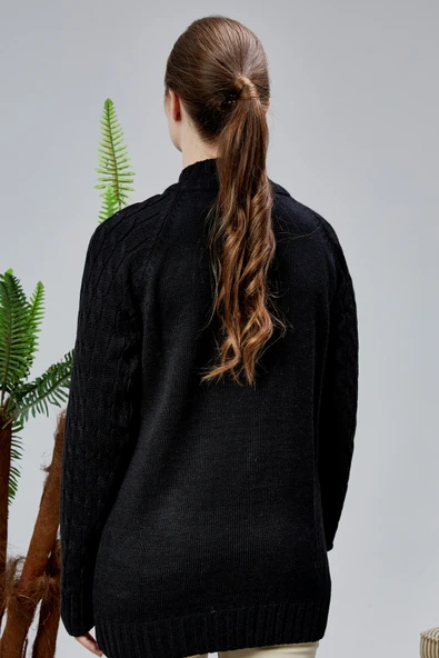 Lugmo Kadın Triko Hırka Fermuarlı Cepli Standart Beden Siyah - 7