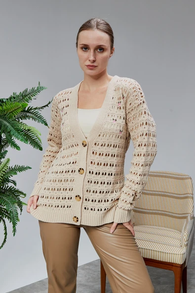 Lugmo Kadın Triko Hırka Çiçek Nakışlı Delikli Standart Beden Ten Rengi ürün görseli