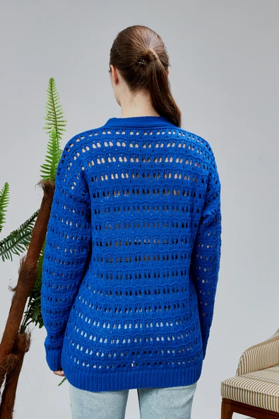 Lugmo Kadın Triko Hırka Çiçek Nakışlı Delikli Standart Beden Saks Mavi - Resim 9