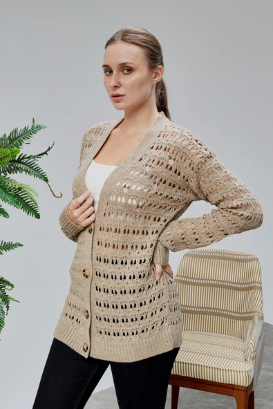 Lugmo Kadın Triko Hırka Çiçek Nakışlı Delikli Standart Beden Vizon - Resim 10