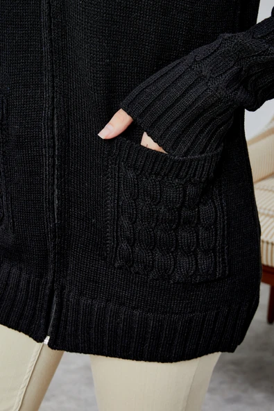 Lugmo Kadın Triko Hırka Fermuarlı Cepli Standart Beden Siyah - 5