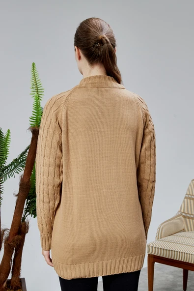 Lugmo Kadın Triko Hırka Fermuarlı Cepli Standart Beden Vizon - Resim 6