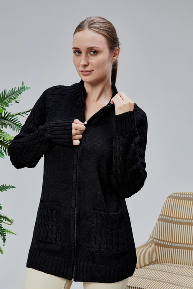 Lugmo Kadın Triko Hırka Fermuarlı Cepli Standart Beden Siyah - 3