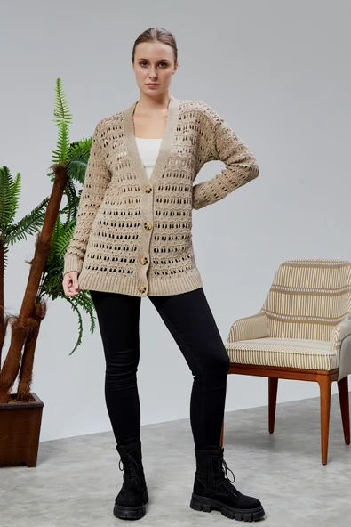 Lugmo Kadın Triko Hırka Çiçek Nakışlı Delikli Standart Beden Vizon - Resim 6