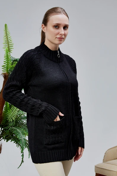 Lugmo Kadın Triko Hırka Fermuarlı Cepli Standart Beden Siyah