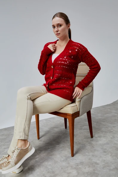 Lugmo Kadın Triko Hırka Çiçek Nakışlı Delikli Standart Beden Kırmızı - 8