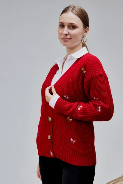 Lugmo Kadın Triko Hırka Çiçek Nakışlı Standart Beden Kırmızı - Resim 5