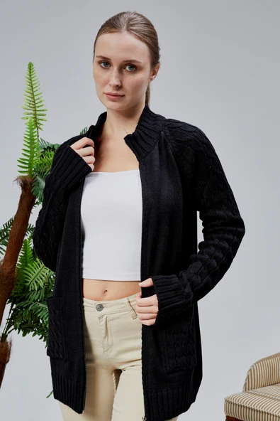 Lugmo Kadın Triko Hırka Fermuarlı Cepli Standart Beden Siyah - 2