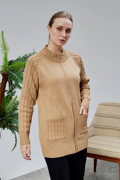 Lugmo Kadın Triko Hırka Fermuarlı Cepli Standart Beden Vizon - Resim 9