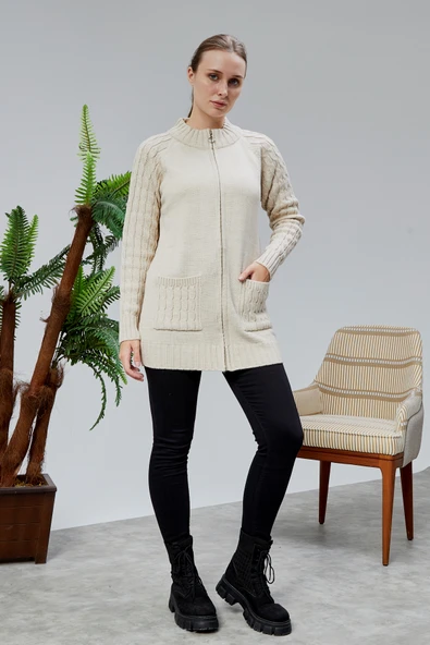 Lugmo Kadın Triko Hırka Fermuarlı Cepli Standart Beden Ten Rengi - Resim 5