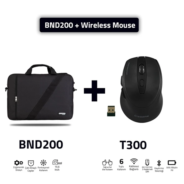 Classone Bnd200 Eko Serisi 15,6 Inç Laptop Notebook El Çantası Siyah T300 Kablosuz Mouse ürün görseli 1