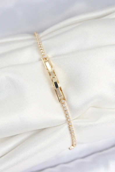 Pirinç Zirkon Taşlı Kare Model Gold Renk Kadın Bilekilk - EBJ250802W37123 - Resim 2