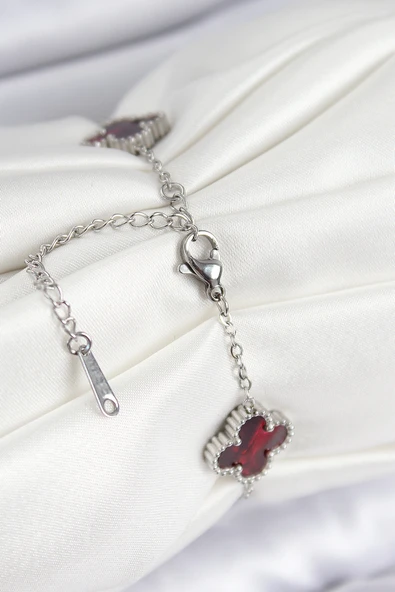 Sedefli Kırmızı Gümüş Renk Yonca Kadın Bileklik - EBJ250802W37128 - Resim 2