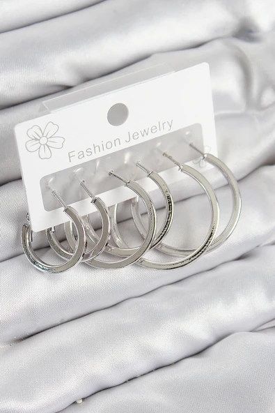 Pirinç Halka Model Gümüş Renk Kadın Set Küpe - EBJ250802W37034 ürün görseli