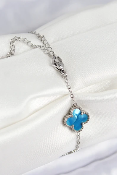 Sedefli Gökyüzü Mavisi Gümüş Renk Yonca Kadın Bileklik - EBJ250802W37130 - Resim 2