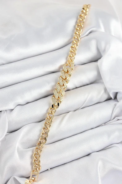 CEYLAN ADAM Pirinç Zirkon Taşlı Küba Zincir Model Gold Renk Kadın Bileklik - 2