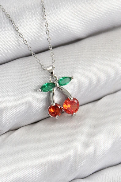 Pirinç Zirkon Taşlı Kiraz Model Gümüş Renk Kadın Kolye - EBJ250802W37074 ürün görseli