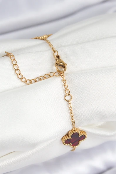 Sedefli Kırmızı Gold Renk Yonca Kadın Bileklik - EBJ250802W37129 - Resim 2