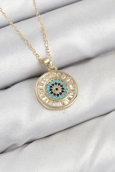 Pirinç Zirkon Taşlı Su Yolu Nazar Model Gold Renk Kadın Kolye - EBJ250802W37081 ürün görseli