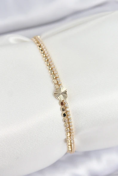 Pirinç Zirkon Taşlı Ezme Zincirli Kalp Model Gold Renk Kadın Bilekilk - EBJ250802W37117 ürün görseli