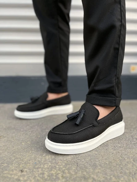 JET-154 Blaze Bağcıksız Püsküllü Keten Erkek Günlük Spor Klasik Ayakkabı KBT - Siyah - Resim 2