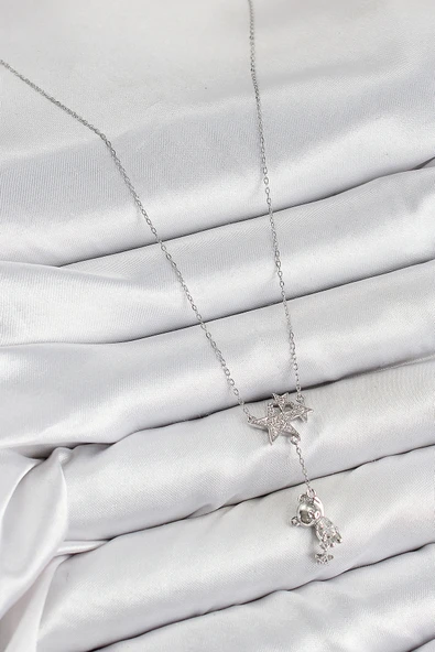 Pirinç Zirkon Taşlı Sallantılı Ayıcıklı Yıldız Model Gümüş Renk Kadın Kolye - EBJ250802W37072 - Resim 2