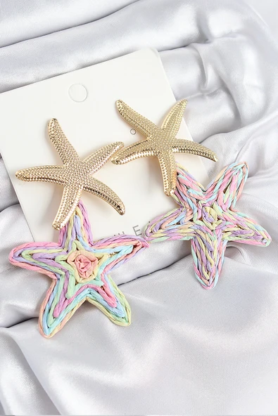 Pirinç Sallantılı Rainbow Deniz Yıldızı Model Gold Renk Hasır Küpe - EBJ250802W37021 ürün görseli