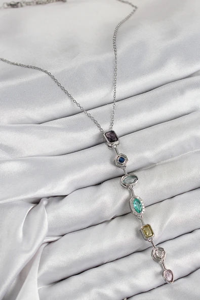 Pirinç Renkli Zirkon Taşlı Model Gümüş Renk Kadın Y Kolye - EBJ250802W37093 - Resim 2