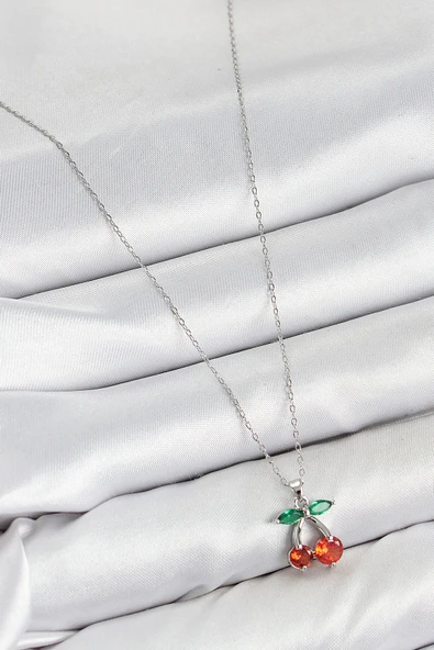 Pirinç Zirkon Taşlı Kiraz Model Gümüş Renk Kadın Kolye - EBJ250802W37074 - Resim 2