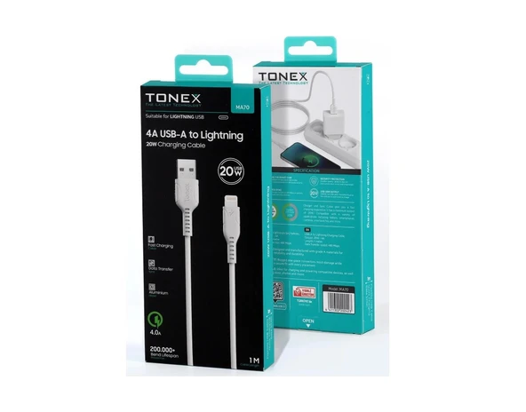 Tonex MA70 Usb To Lightning 4A 20w Şarj Data Kablosu 1m -  20 Adet