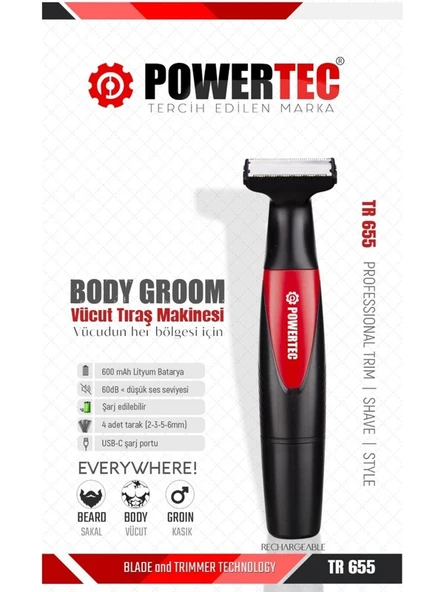 Powertec Tr-655 Vücut Tıraş Makinesi (Body Groom) Çift Bıçak - Sıfıra Yakın Kesim