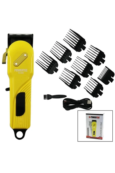 POWERTEC TR3000 SAÇ - SAKAL KESME TRAŞ MAKİNESİ SARI - SİYAH GÖVDE - USB ŞARJLI GÖSTERGELİ - TARAK AYAR MANDALLI