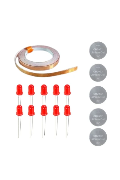 Fapatech Bakır Folyo İletken Bant ,Cr2032 Lityum Pil ,5mm LED Seti – Kağıttan Devre Kit - Resim 2