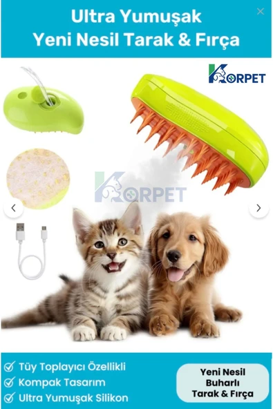 KorPet Yeni Nesil Şarjlı Buharlı Kedi & Köpek Tarağı Silikon Tüy Toplayıcı Yıkama Fırçası 1 adet