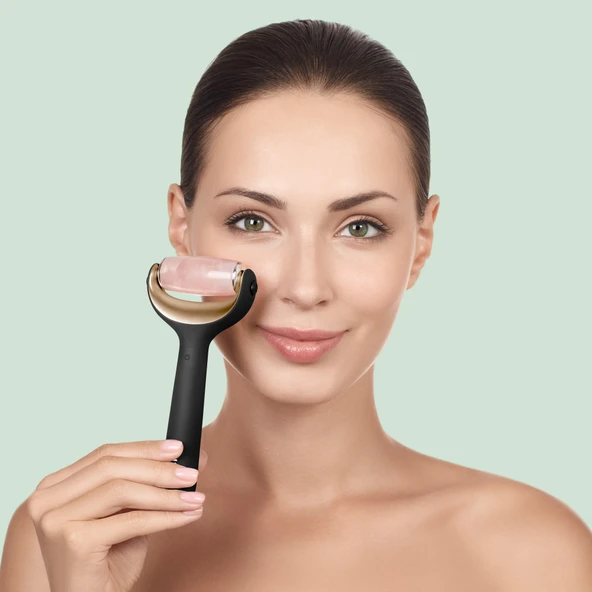 GESKE Mikro İğneli Buz Başlığı Pembe Kuvars Başlıklı Dermaroller MicroNeedle Face Body Roller - Resim 6