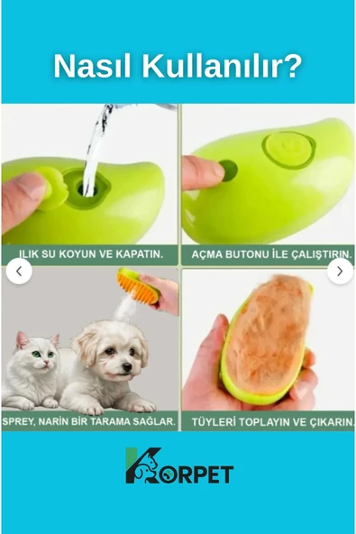 KorPet Yeni Nesil Şarjlı Buharlı Kedi & Köpek Tarağı Silikon Tüy Toplayıcı Yıkama Fırçası 1 adet - 3