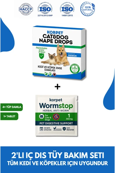 KorPet 2'li Set Kedi Köpek İç Dış Deri Tüy Bakım Bitkisel 4 Damla ve 1 Tablet Paketi (PARAZİT)