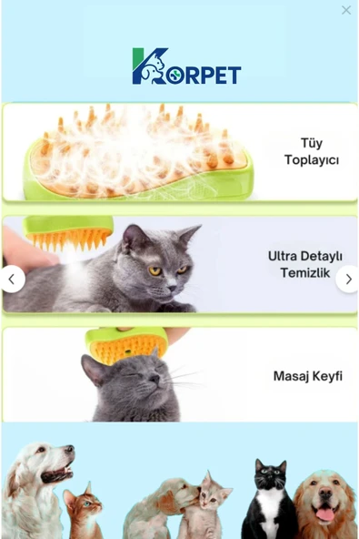 KorPet Yeni Nesil Şarjlı Buharlı Kedi & Köpek Tarağı Silikon Tüy Toplayıcı Yıkama Fırçası 1 adet - 2