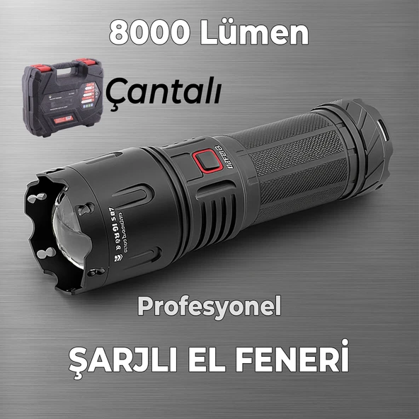 El Feneri 8000 Lümen 80W Zoomlu Uzun Menzil Şarjlı Powerbank Ledli Işık Lambası Su Geçirmez Kamp ürün görseli