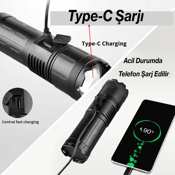 El Feneri 8000 Lümen 80W Zoomlu Uzun Menzil Şarjlı Powerbank Ledli Işık Lambası Su Geçirmez Kamp - Resim 5
