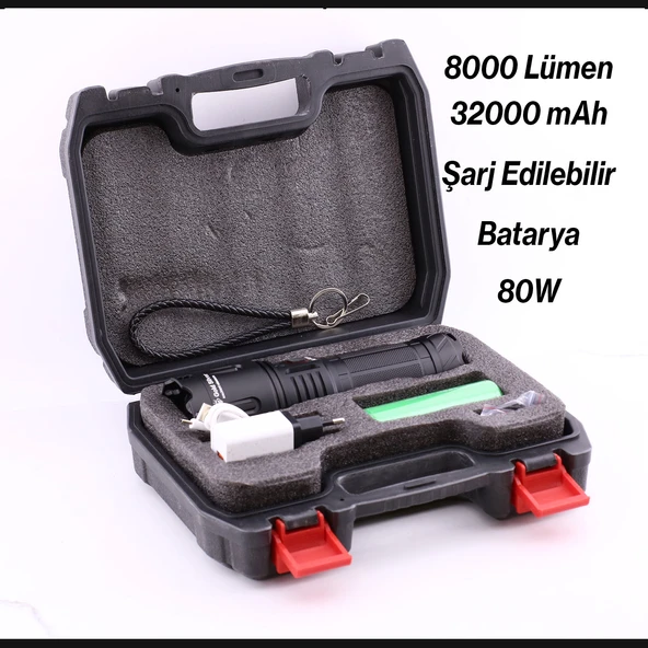 El Feneri 8000 Lümen 80W Zoomlu Uzun Menzil Şarjlı Powerbank Ledli Işık Lambası Su Geçirmez Kamp - Resim 3