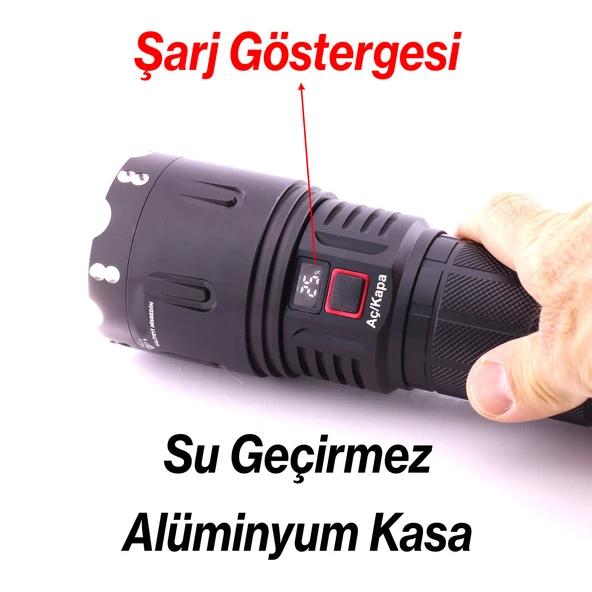 El Feneri 8000 Lümen 80W Zoomlu Uzun Menzil Şarjlı Powerbank Ledli Işık Lambası Su Geçirmez Kamp - Resim 2