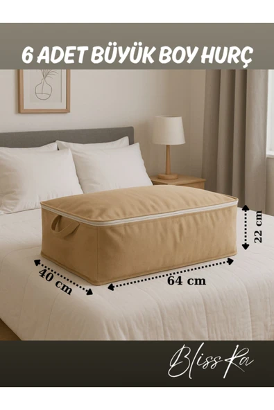Blissra Baza Altı Hurç 6’lı Set 64x40x22cm – Sütlü Kahve Renk | Soft Kumaş Saklama Çantası - 2