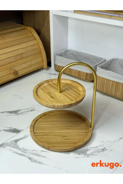 ERKUGO Bambu 2 Katlı Stant, Sunum Standı , Çift Katlı Sunumluk, Dekoratif Stant, Sunum Seti Yuvarlak altın - 2
