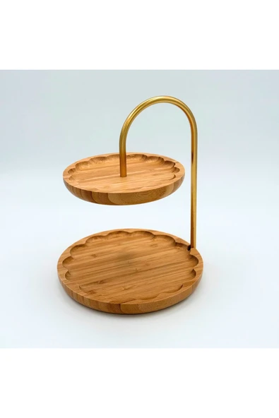 ERKUGO Bambu 2 Katlı Stant, Sunum Standı , Çift Katlı Sunumluk, Dekoratif Stant, Sunum Seti Papatya altın