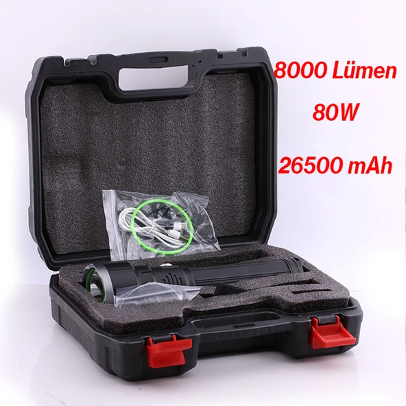 El Feneri 8000 Lümen 80W Uzun Menzil Metal Kasa Şarjlı Powerbank Ledli Işık Lambası Su Geçirmez Kamp - Resim 2